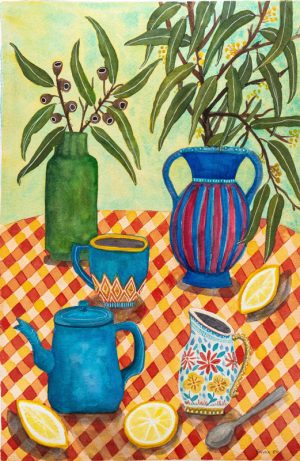Painting Eucalyptus and Tea by Emma Elise Petterson currently at Winmark Art Gallery, Hunter Valley