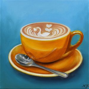 Painting "Yellow Coffee Cup" by Natasha Junmanee, currently exhibiting at Winmark Wines