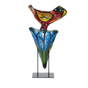 Orange Bird on Blue Flower sculpture by Deborah Halpern