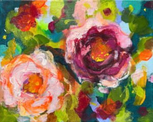 "Flirty Floras" painting by Patricia Cooke currently at Winmark Wines Art Gallery