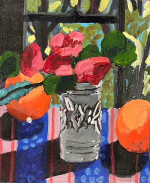 Blue and pink tablecloth with oranges by Kate Neilsen