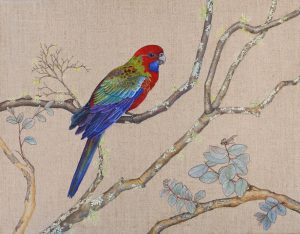 Autumn Morning – Juvenile Eastern Rosella oil on linen painting by Jodie Usher