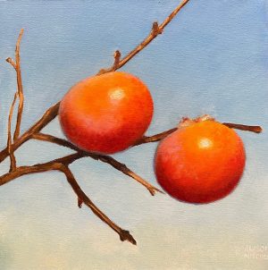 Blue sky Persimmons painting by Alison Mitchell