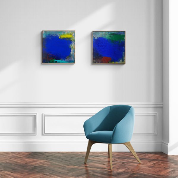 "Shoreline" and "Foremost" abstract paintings by Charles Hebert, currently exhibited at Winmark Art Gallery