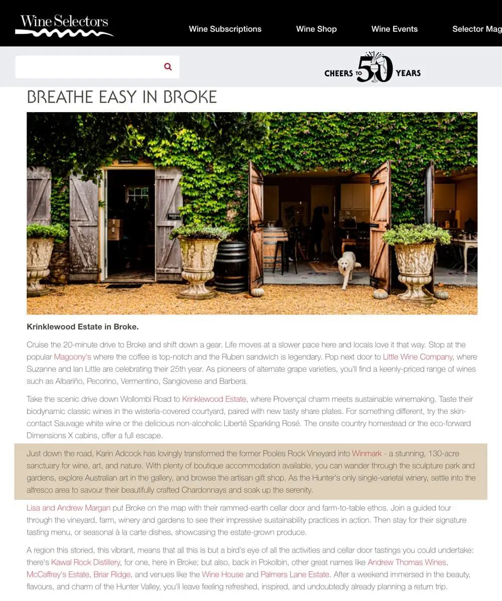 Wine selectors mention for Winmark Wines